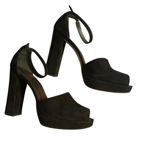 Stuart Weitzman D’Orsay Women's Peeptoe Heels, Black Suede, Size 10.5, Preowned
